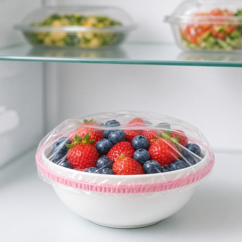 Fraises et myrtilles couvertes d'une housse au frigo