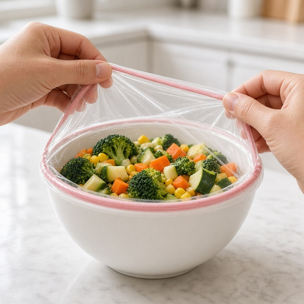 Housse élastique étirée sur un bol de légumes