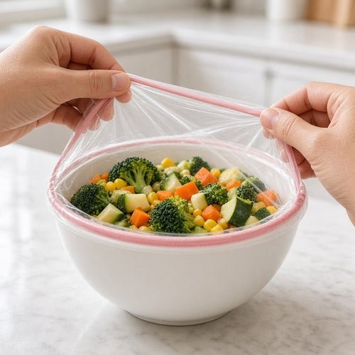 Housse élastique étirée sur un bol de légumes